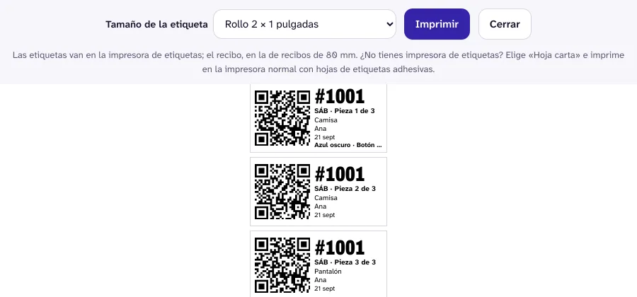 Pantalla de impresión de etiquetas con el selector de tamaño arriba: rollo, tag para grapar, hoja carta o rollo de recibos.