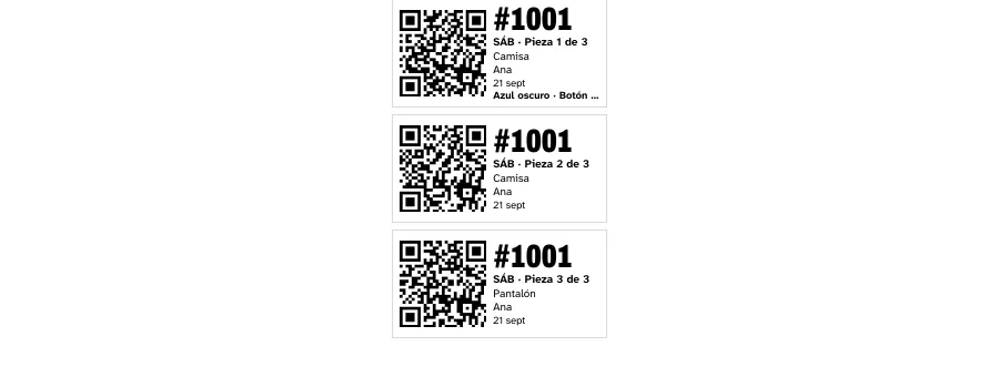 Etiquetas de 2 × 1 pulgadas listas para imprimir, una por prenda, con el número de orden, el día, el cliente y su código QR.
