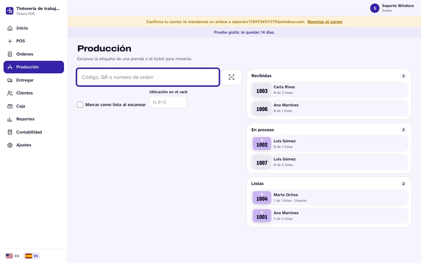 Pantalla de producción de Tintora POS con las órdenes separadas en recibidas, en proceso y listas, y el campo para escanear la etiqueta.