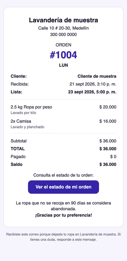 Email with a laundry's digital receipt: the store name, the order number in large type, when it will be ready, the items (one charged by weight), the total, the balance and the “Check my order status” button.